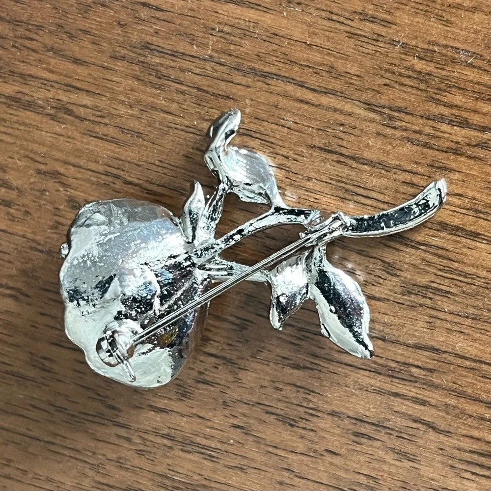 BOGO Silver Tone Rose Brooch with Faux Pearl